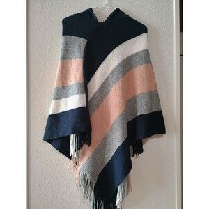 Ferand One Size Hooded Womens Striped Poncho Sweater Wrap Blue and Pink